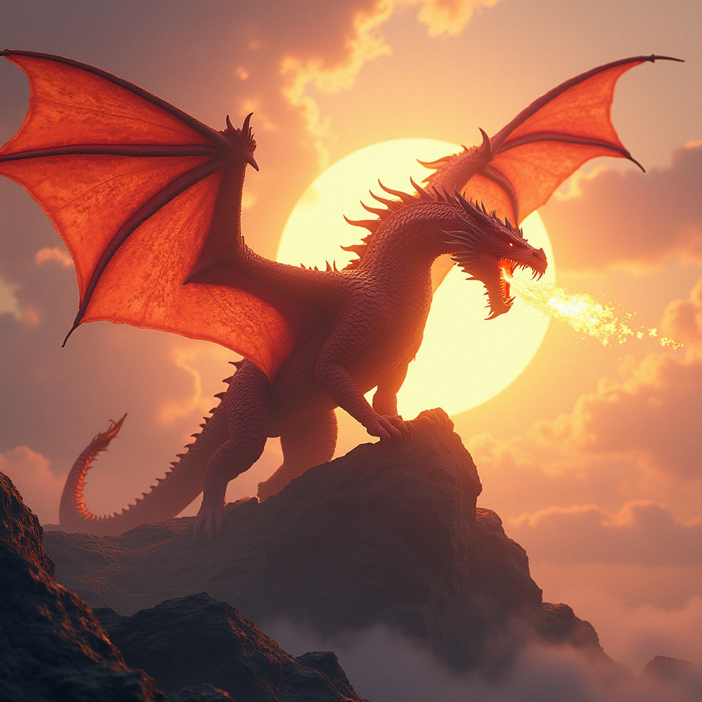 Crimson Dragon Roaring at the Sun
