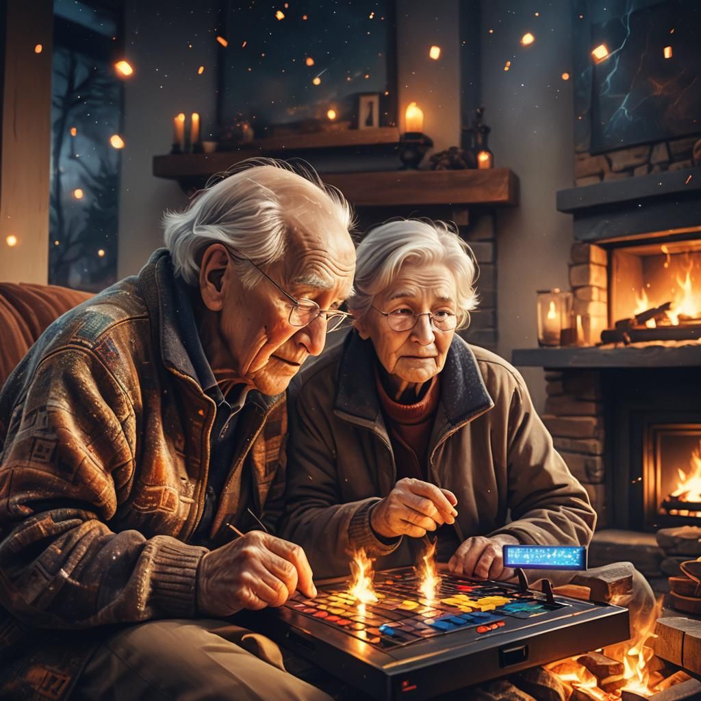 Elderly Couple Plays Tetris by Fireplace: Cozy Digital Paint...