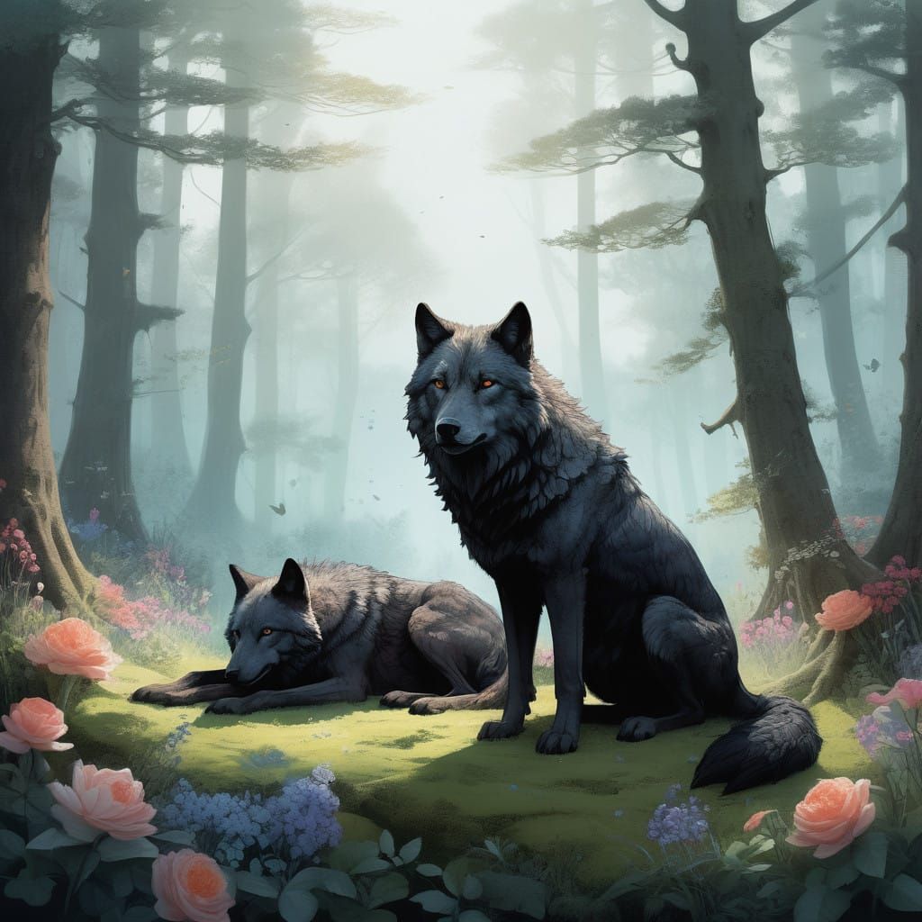 Majestic Wolves Slumber in Enchanted Forest Watercolor