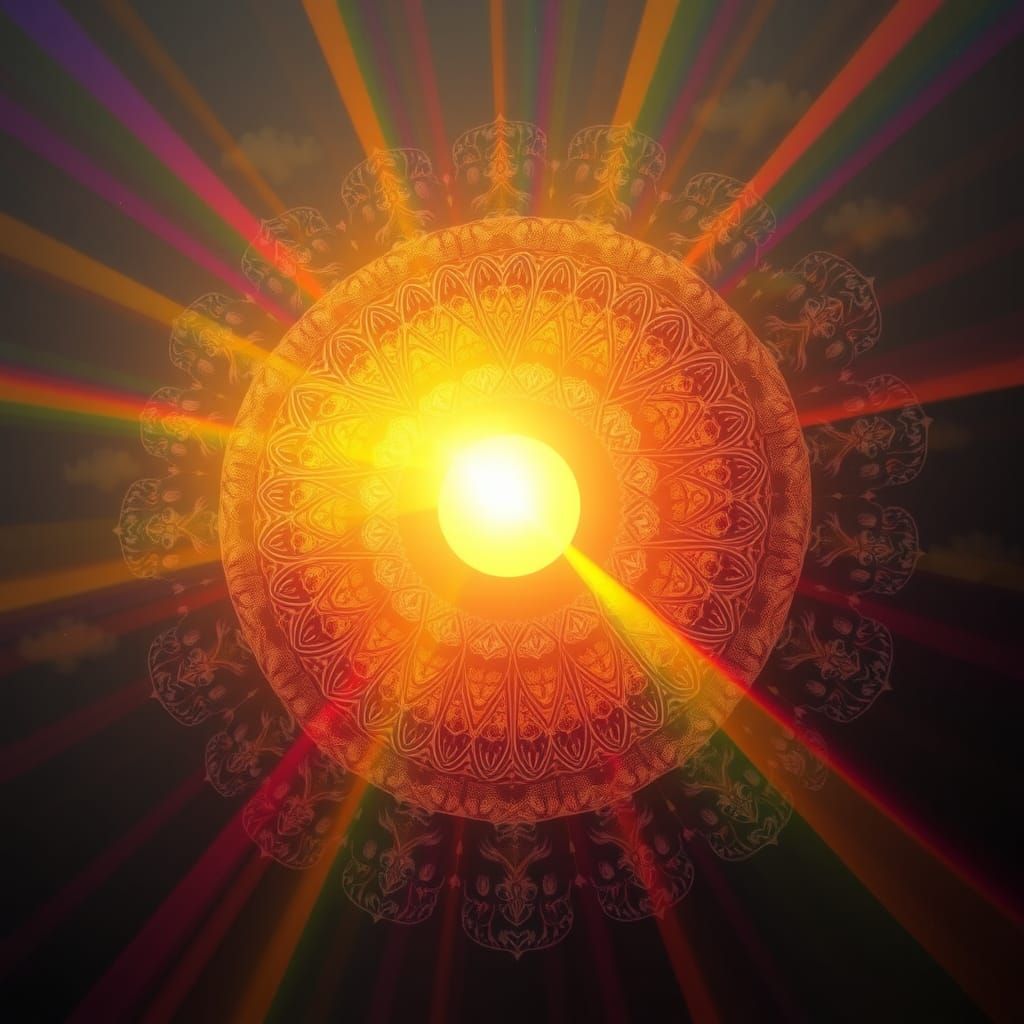 Hyperrealistic Rainbow Radiating Golden Sunlight