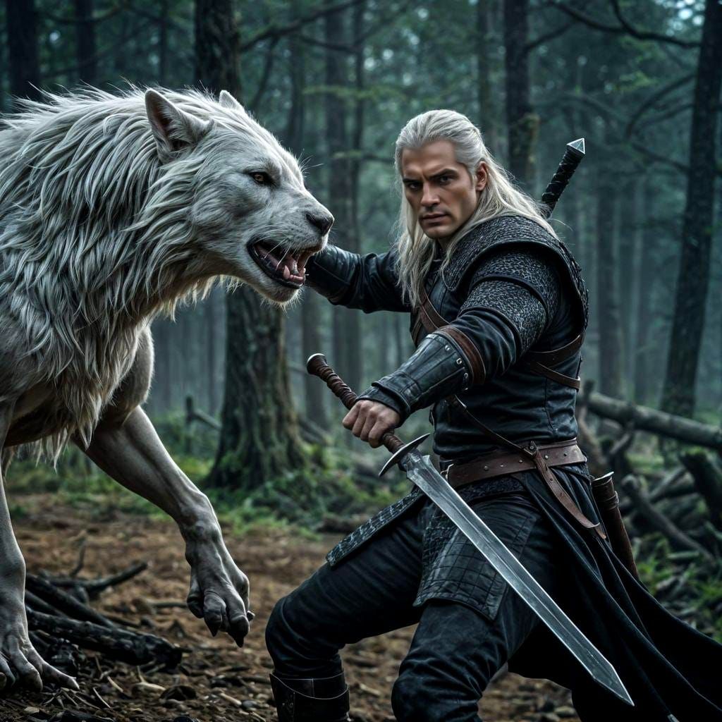 Geralt of Rivia Fighting a Monster