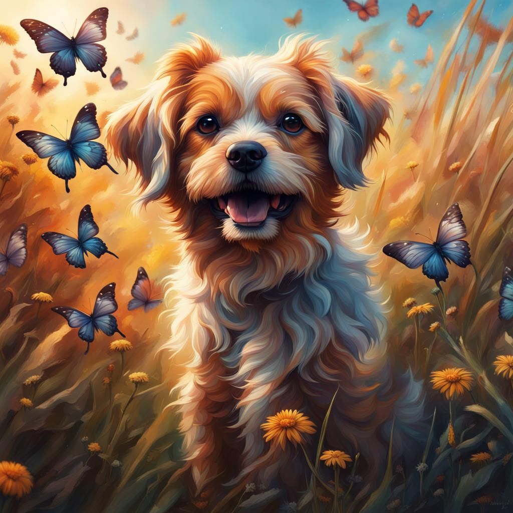 Dog in Butterfly Field: Hyperrealistic Splash Art