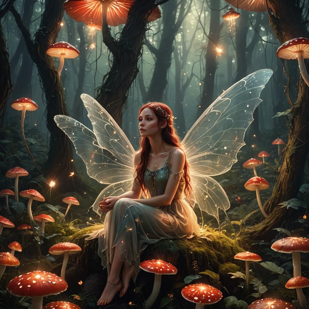 Fairy on Mushroom in Dreamy Oil Painting Style