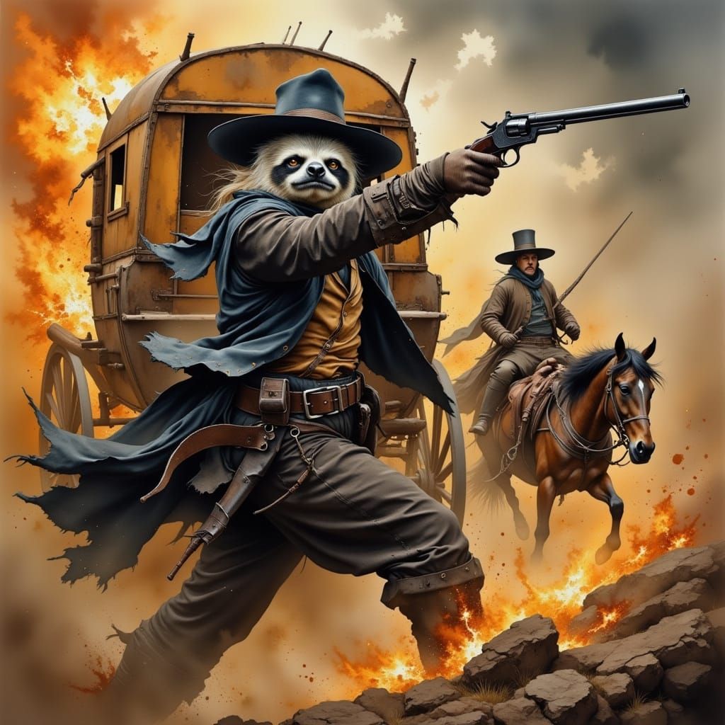 Wild West Outlaw Sloth Robbery in Water-Ink Style