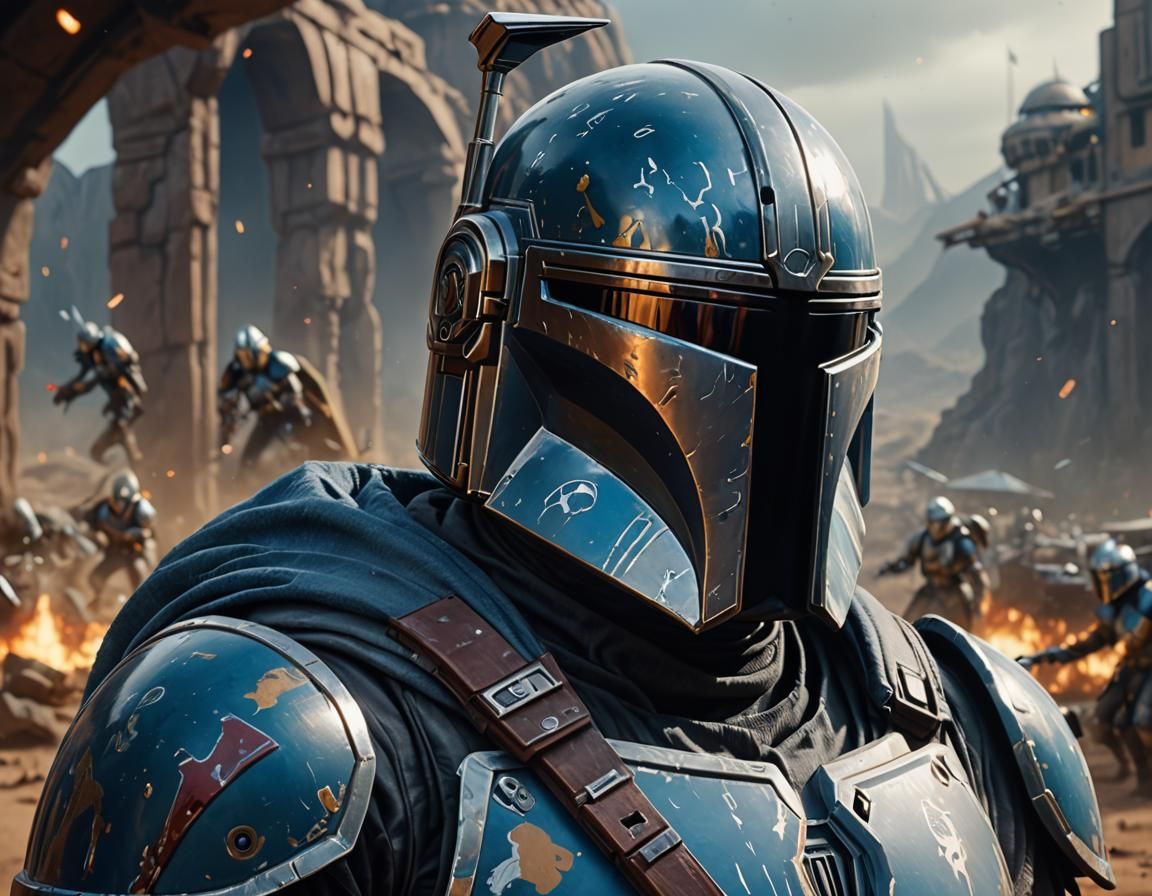Mandalorian in Blue Armor Reflecting Battlefield