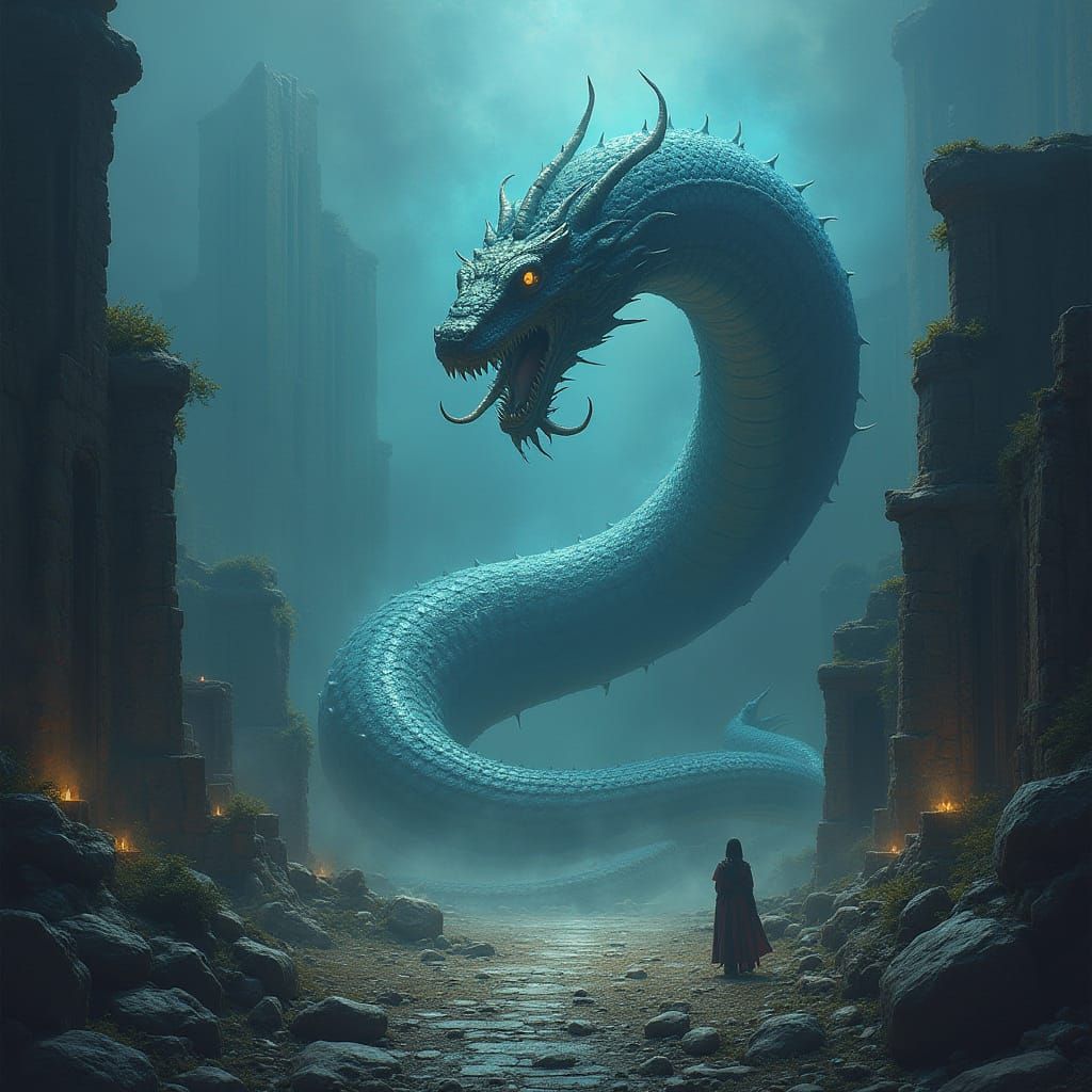 Bioluminescent Serpent Coiled Around a Lost City