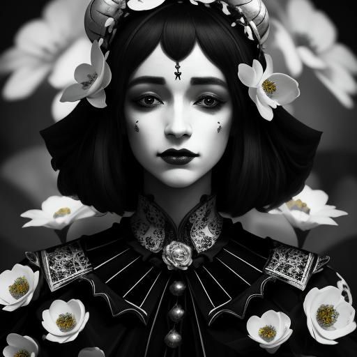 Hyperrealistic Jester Queen in Black and White Flowers