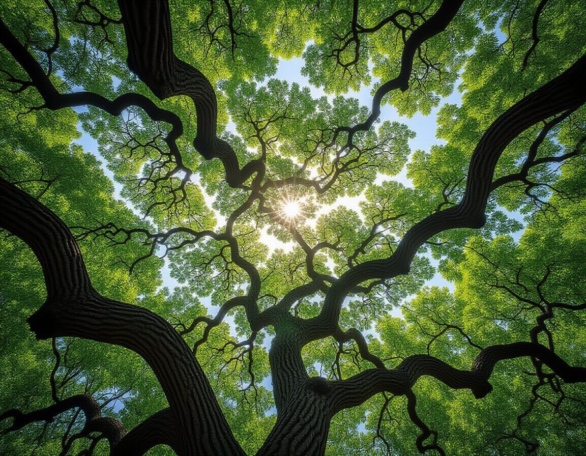 Looking Up Through Gnarly Oak Forest Canopy