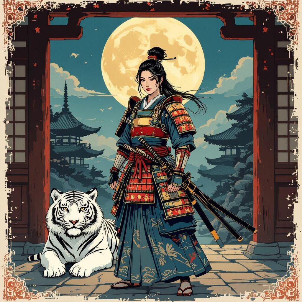 Samurai and Tiger in Ukiyo-e Japanese Temple