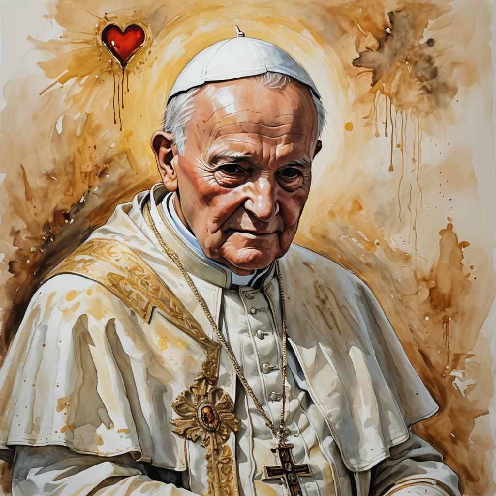 Pope John Paul II Portrait in Gouache Style