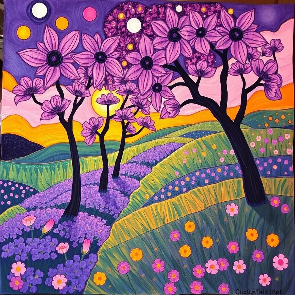 Here comes the sun, Purple color, Gustav Klimt style