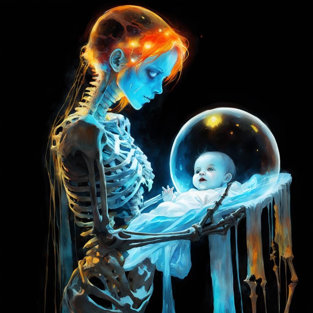 Luminescent Ghost Nanny with Skeleton Baby in Watercolor