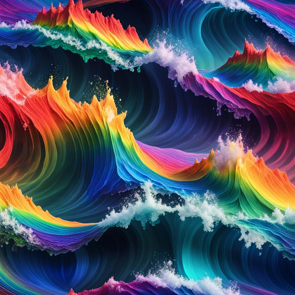 Rainbow Ocean Waves at Night in Vivid Detail