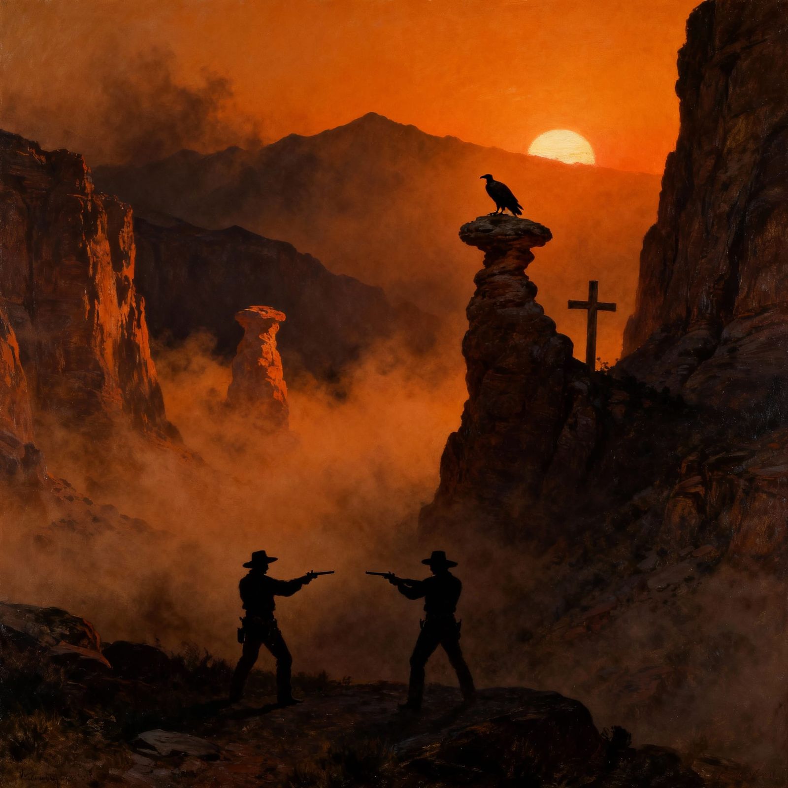 Dueling Cowboys in Eerie Canyon Sunset Oil Painting