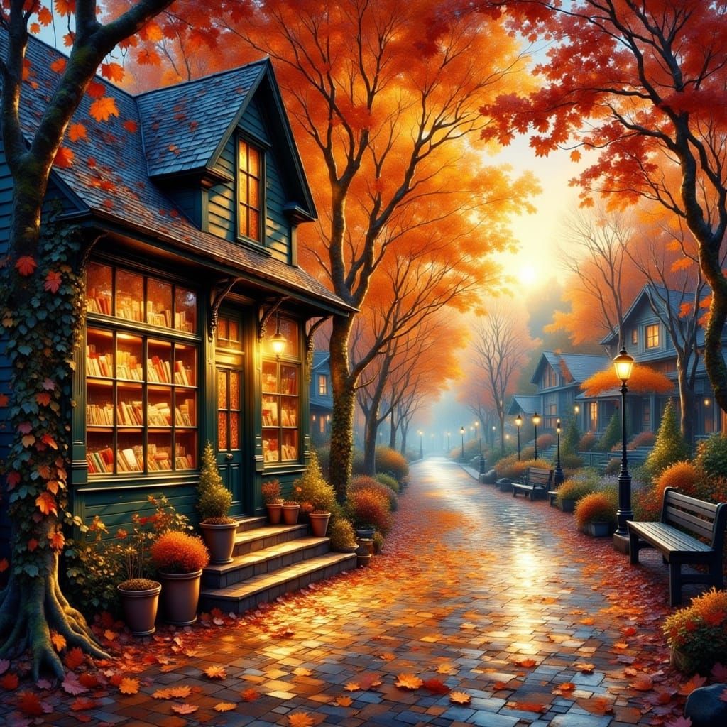 Cozy Bookstore in Autumnal New England Village