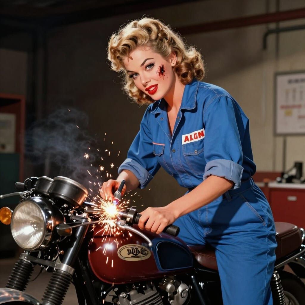 Glamorous Mechanic Woman Working on Vintage Motorcycle