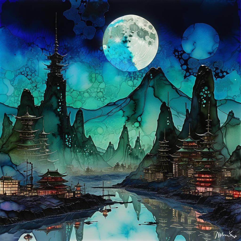 Whimsical Cel-Shaded Tokyo Moonscape in Fantasy Style