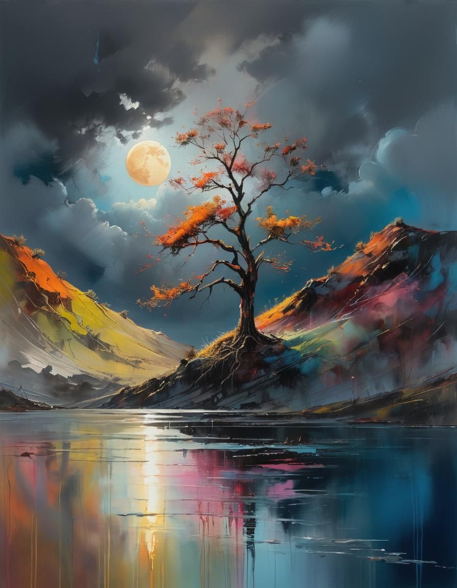 Surreal colorful hill landscape with a lonely tree on blue a...