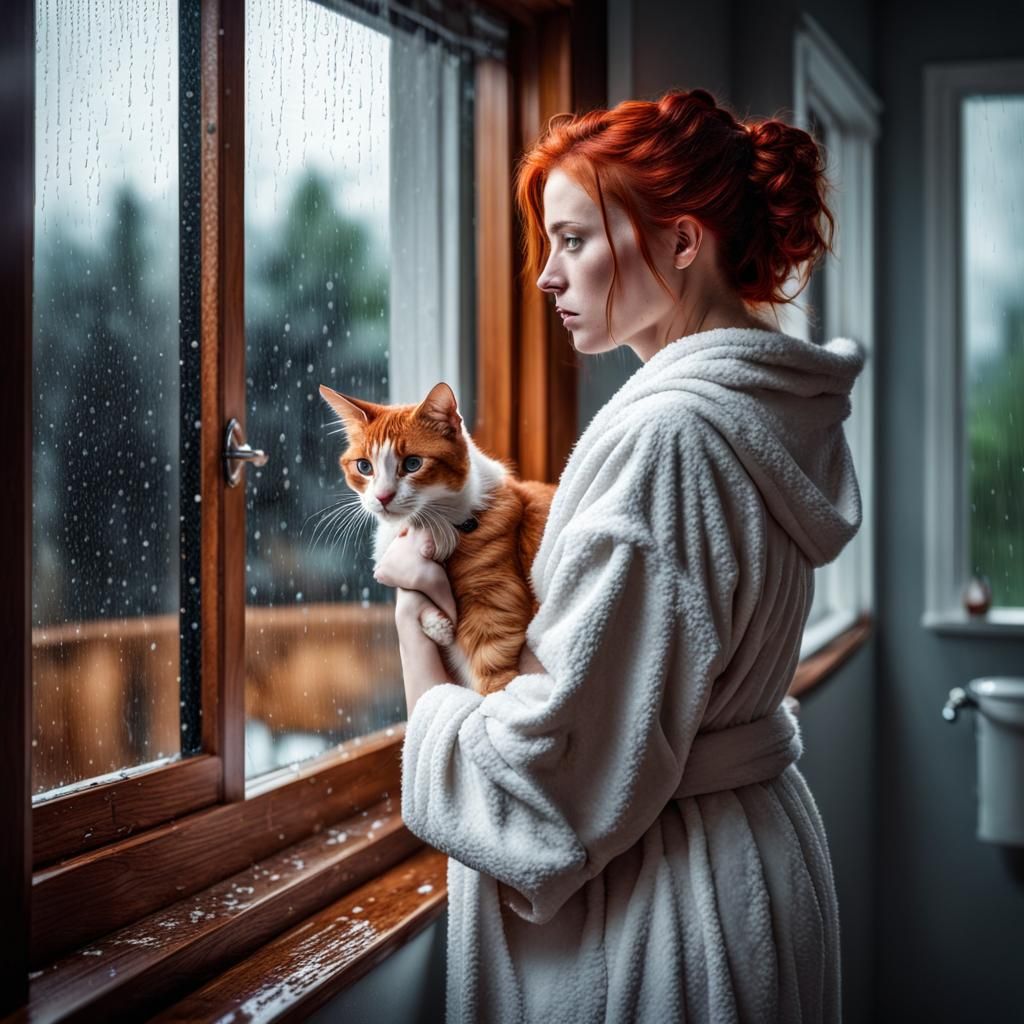 Redhead and Cat Gaze at Rain: Hyperrealistic Image