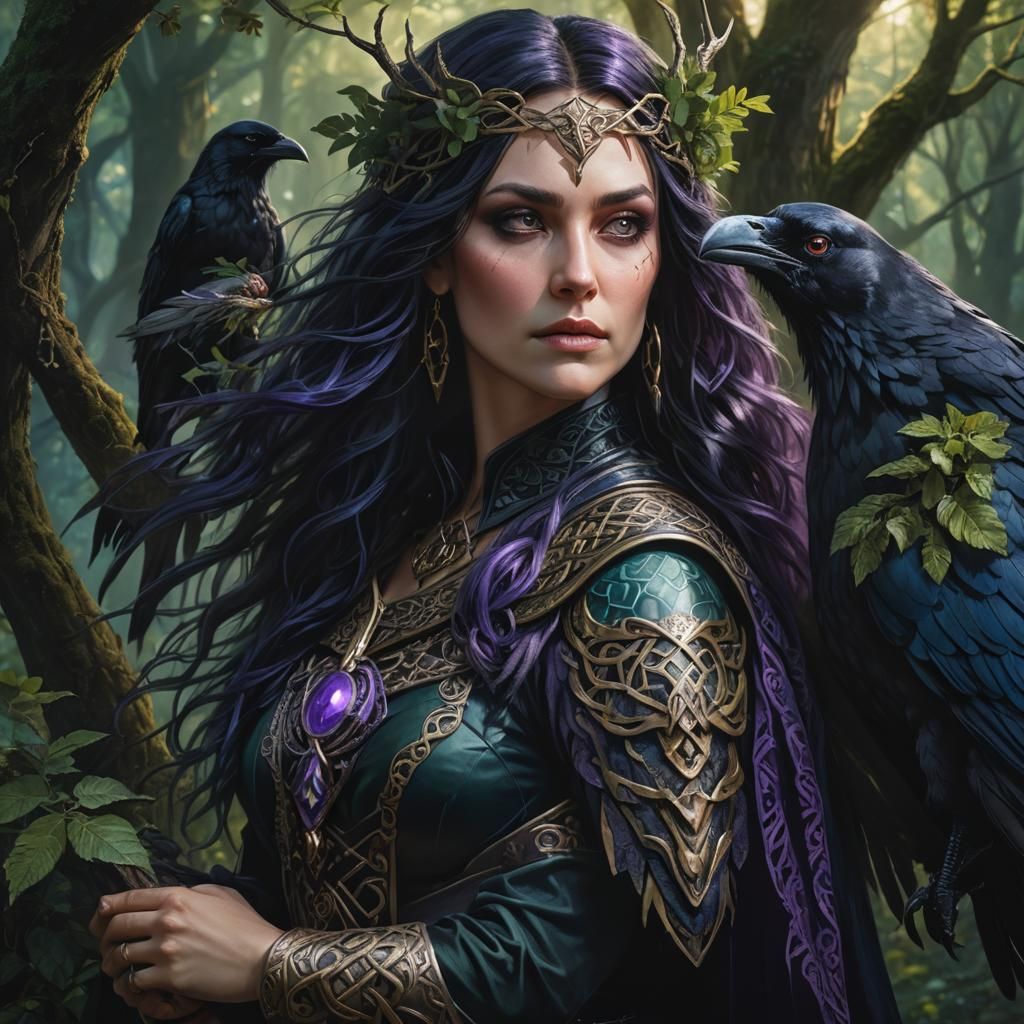 Morrigan: Celtic Witch Warrior in Mystical Forest