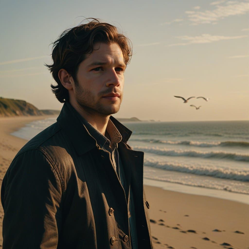Damien Molony as Jim Bergerac standing on the beach