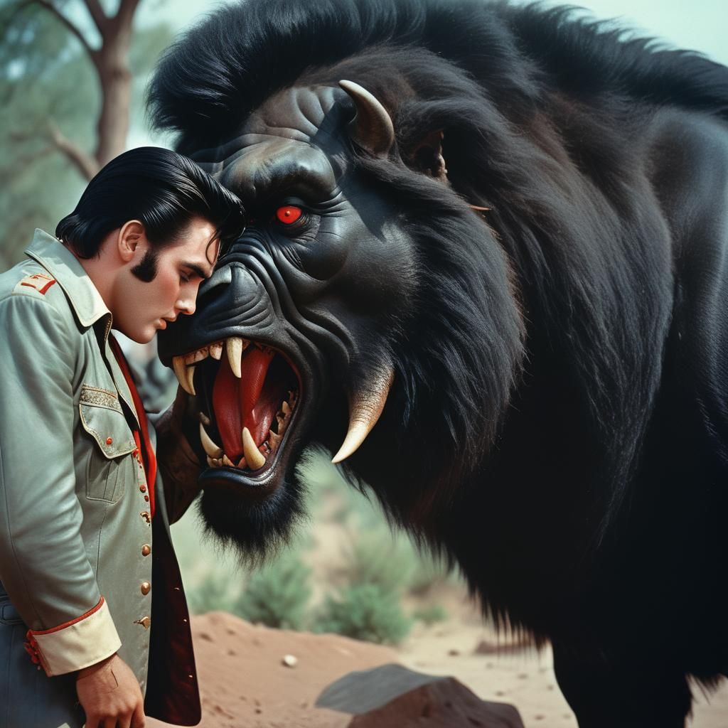 Elvis Presley and Giant Black Dog, Vintage Photo