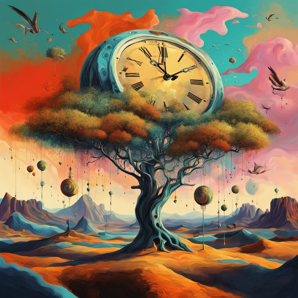 Surreal Melting Clock Desert Landscape with Floating Eyes