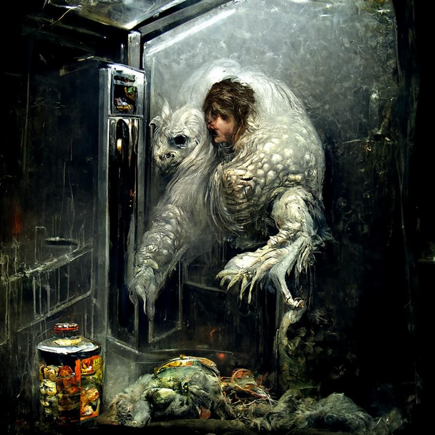Nightmarish Fridge Creature in Gothic Horror Style