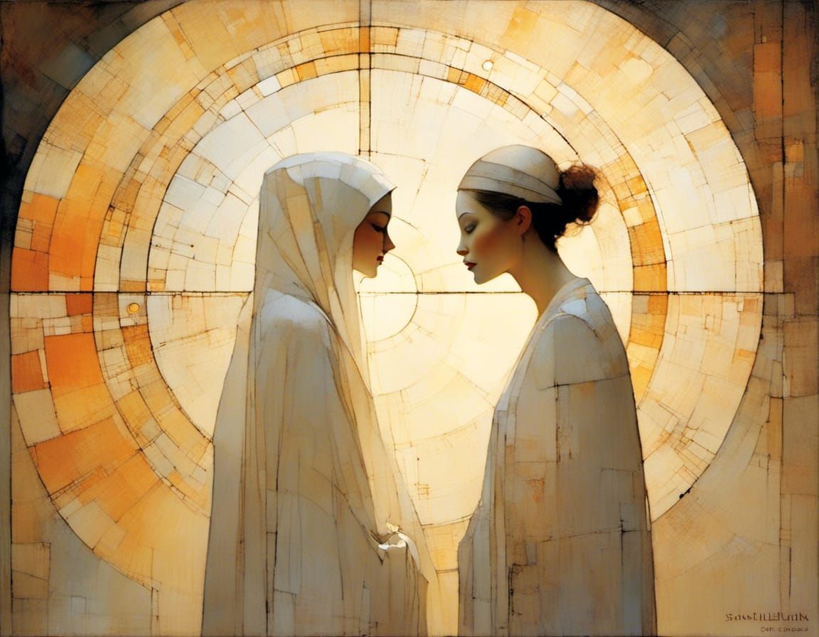 Woman in White Robe by Stained Glass