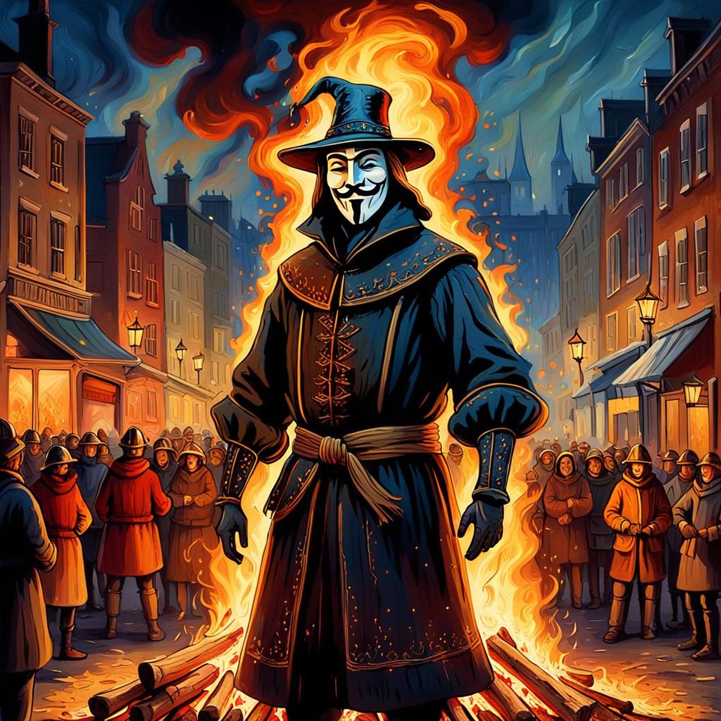 Bonfire Night Effigy in Crowded Square, Oil Painting