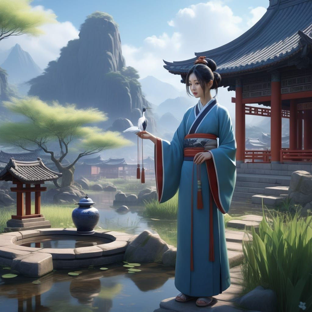 A serene Ming Dynasty village awakens in spring. At the ston...