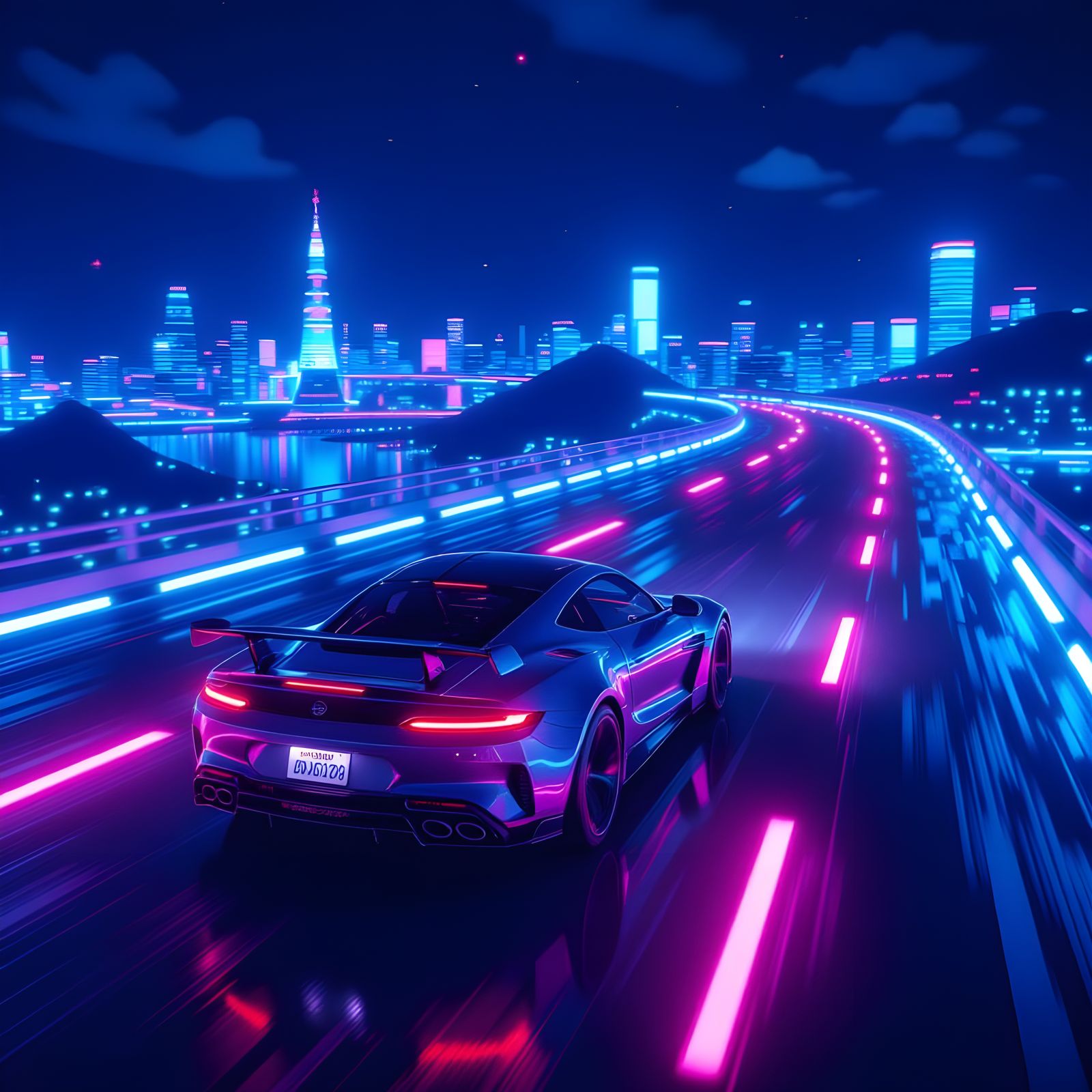 Synthwave Car on Neon Road in Digital Art Style