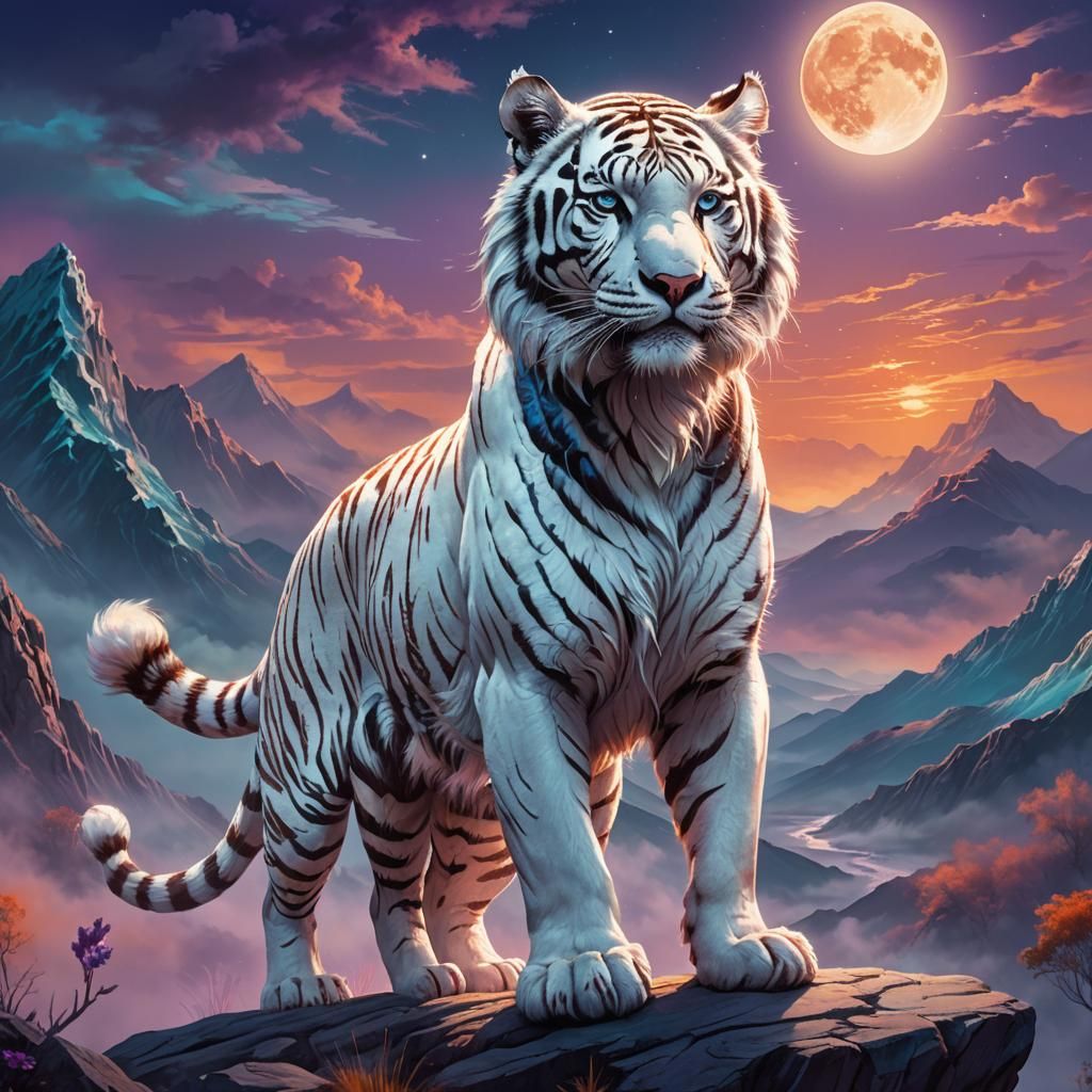Mystical White Tiger Spirit on Misty Mountains
