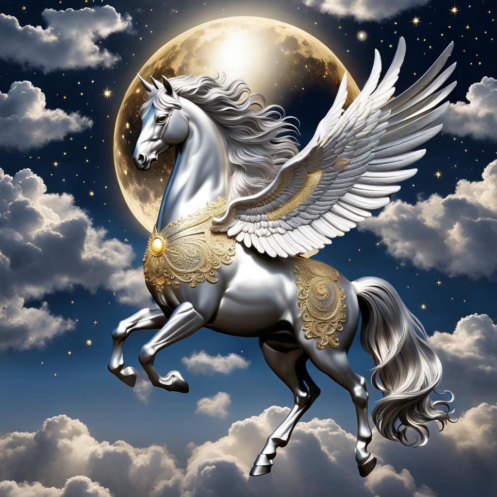 Silver and Gold Pegasus in Celestial Flight
