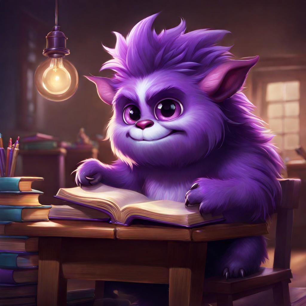 Sad Purple Monster Student at School Desk