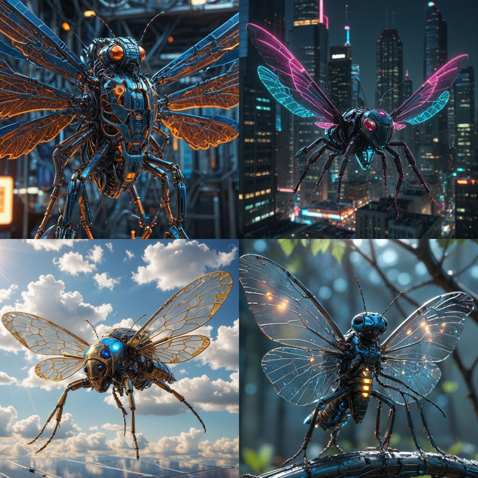 Cyberinsect with Solar Panel Wings in Cyberpunk Style