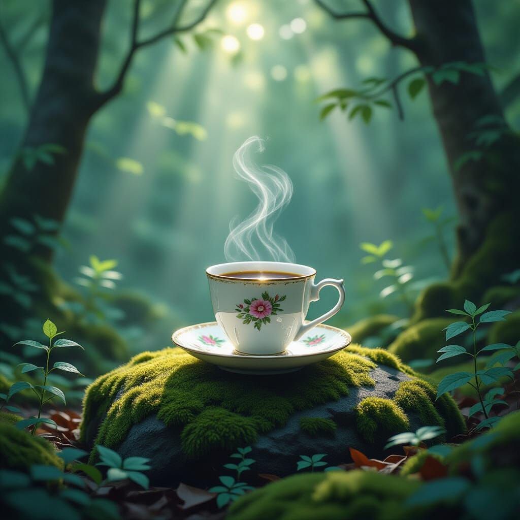 Peaceful Porcelain Coffee Cup in Sunlit Woodland Glade