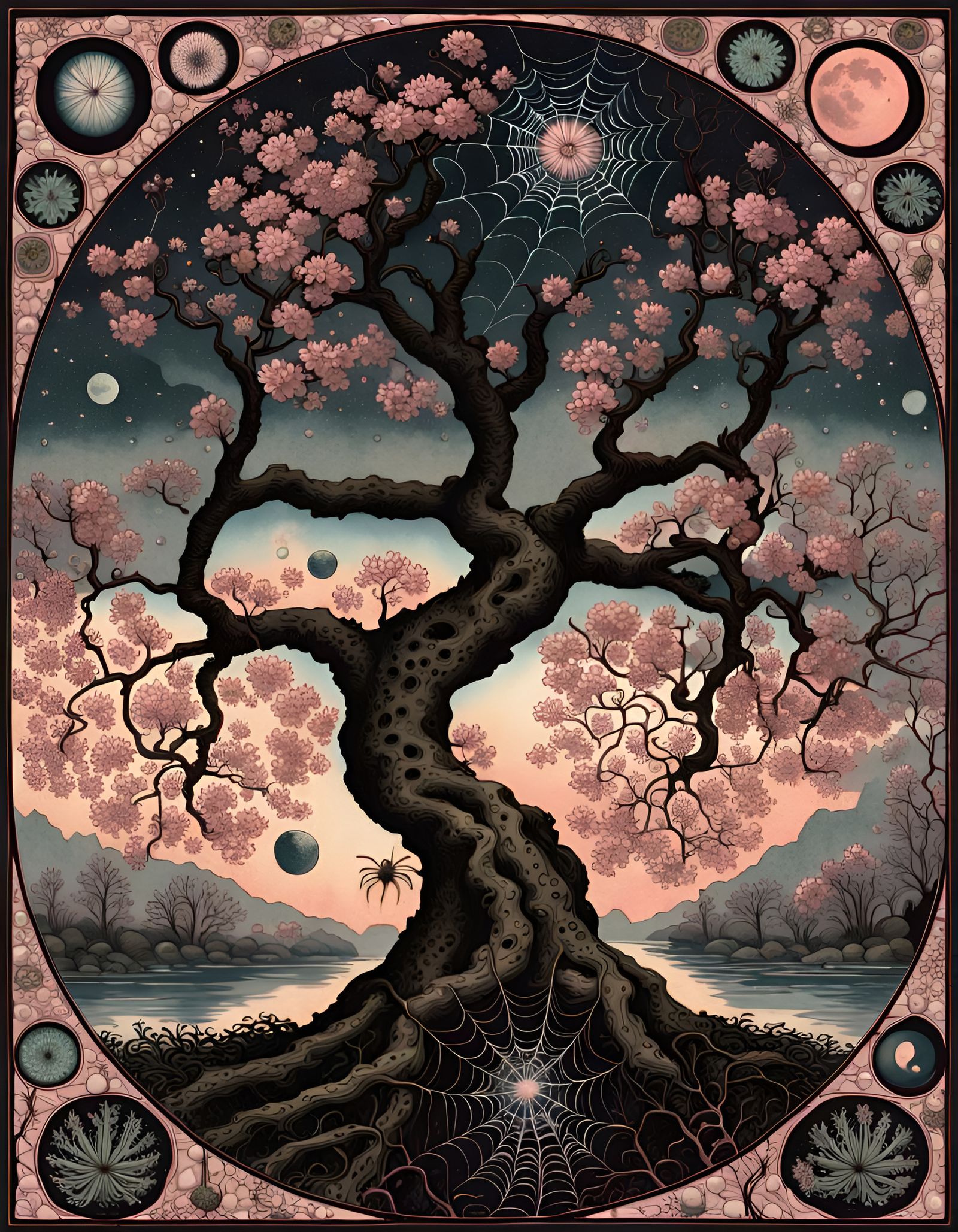 Cosmic Cherry Tree of Life in Watercolor