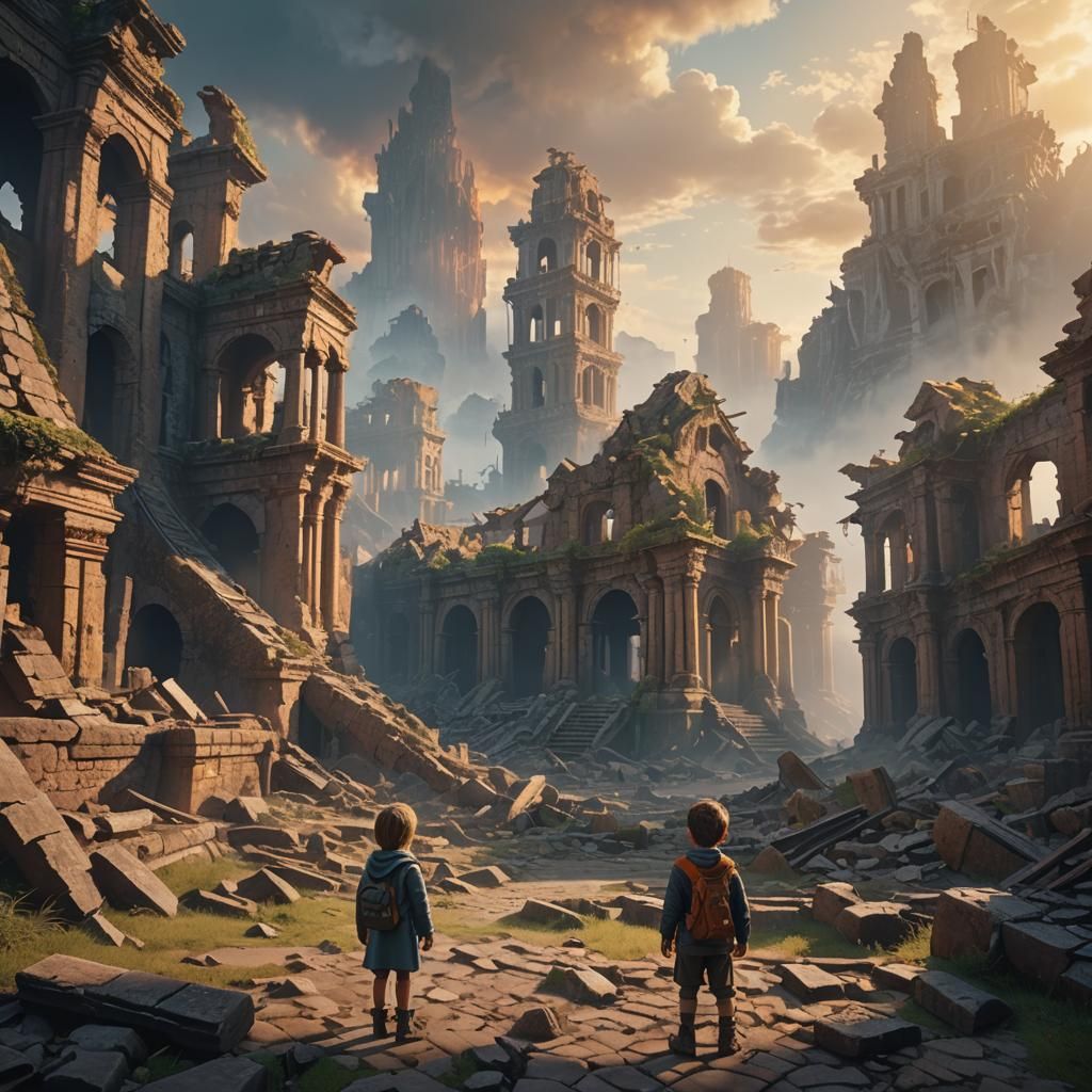 Child Stares at Ruined Homeland in Apocalyptic Landscape