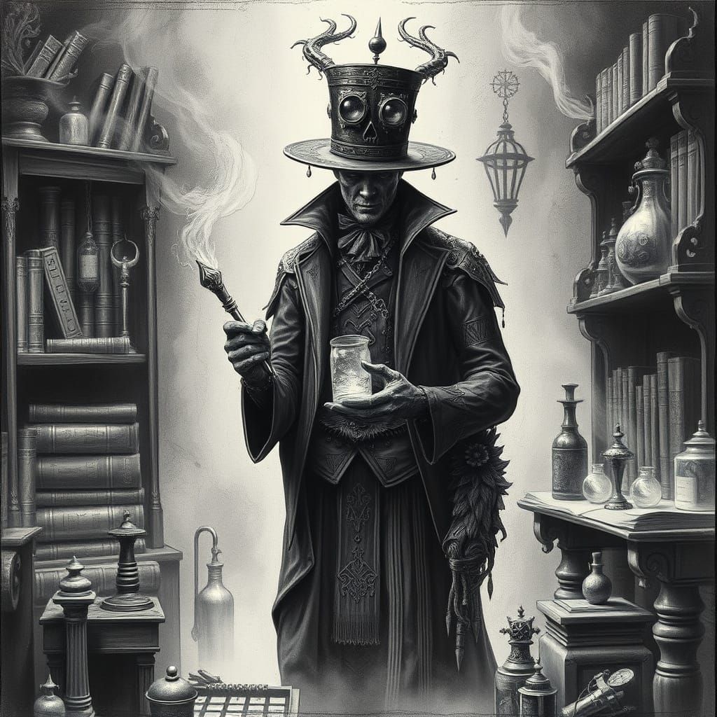 Mystical Alchemist in Haunting Charcoal Style