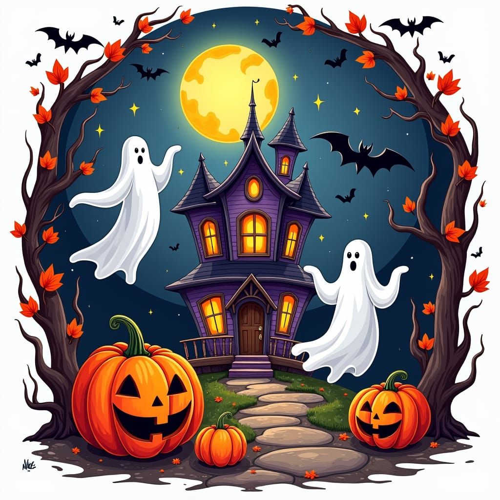 Halloween Coloring Page with Haunted House and Ghosts