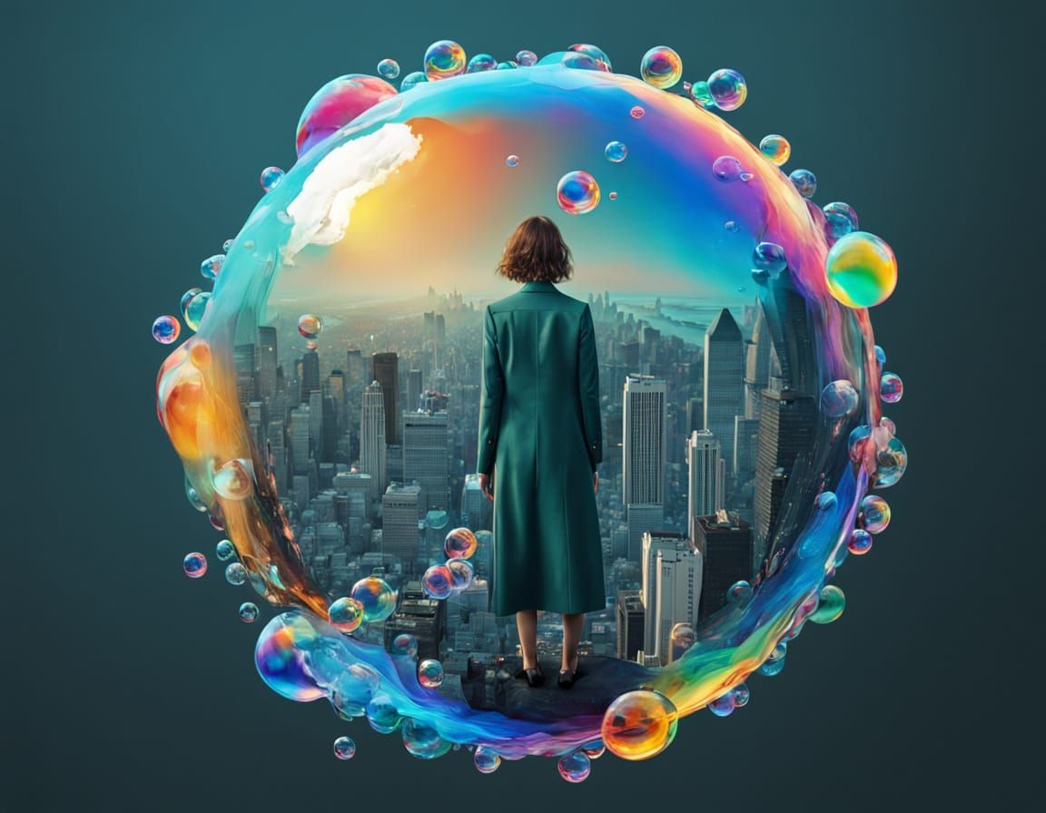 Iridescent Woman Dissolving into Bubbles: Surreal Art
