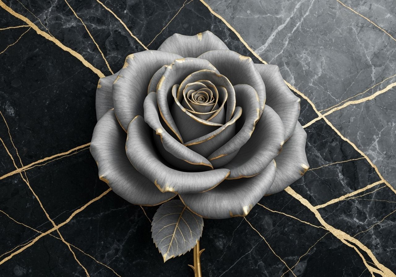 Large Gray Rose with Gold Accents on Marble