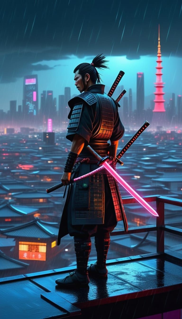 Cyberpunk Samurai Overlooking Neon City in Digital Painting