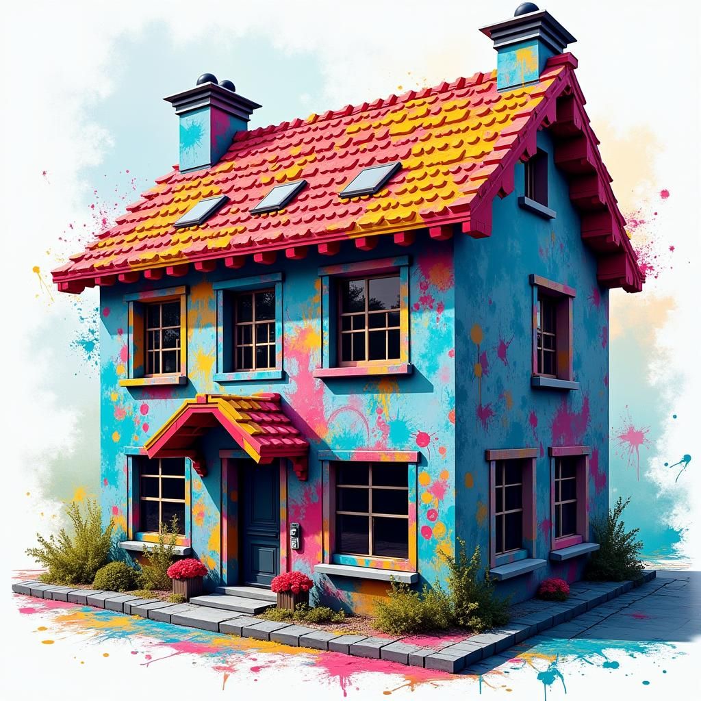 Colorful Street Art Lego House in Oil Gouache Style
