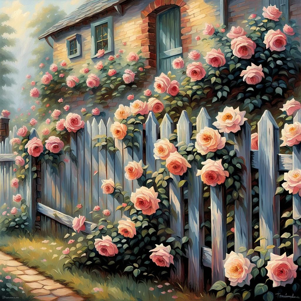 Climbing Roses on Rustic Fence Impasto Painting