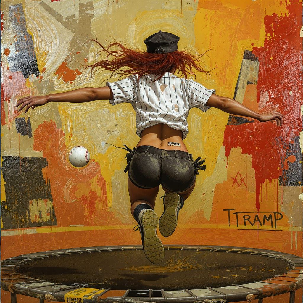 Surreal Umpire Bouncing on Trampoline in Mixed Media Art