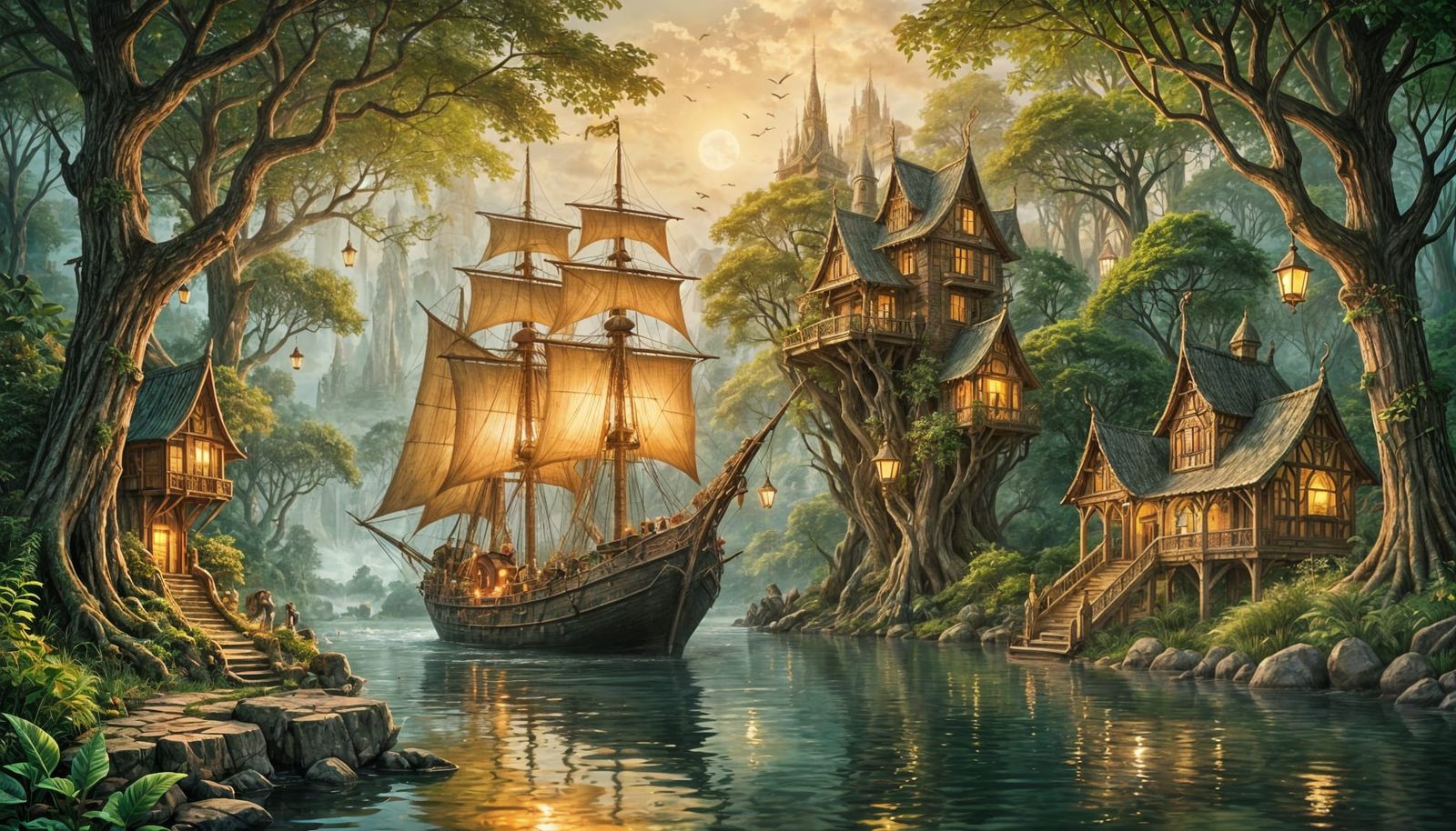 Majestic Elven Sailing Vessel Amidst Whimsical Forest Canopi...