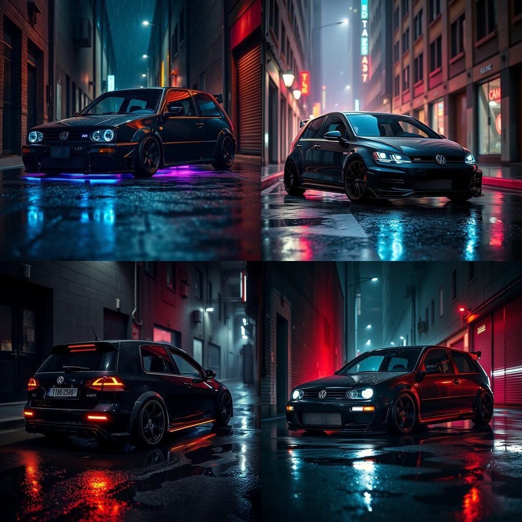 Modified Golf G60 in Neon-Lit Alleyway, Cyberpunk Style