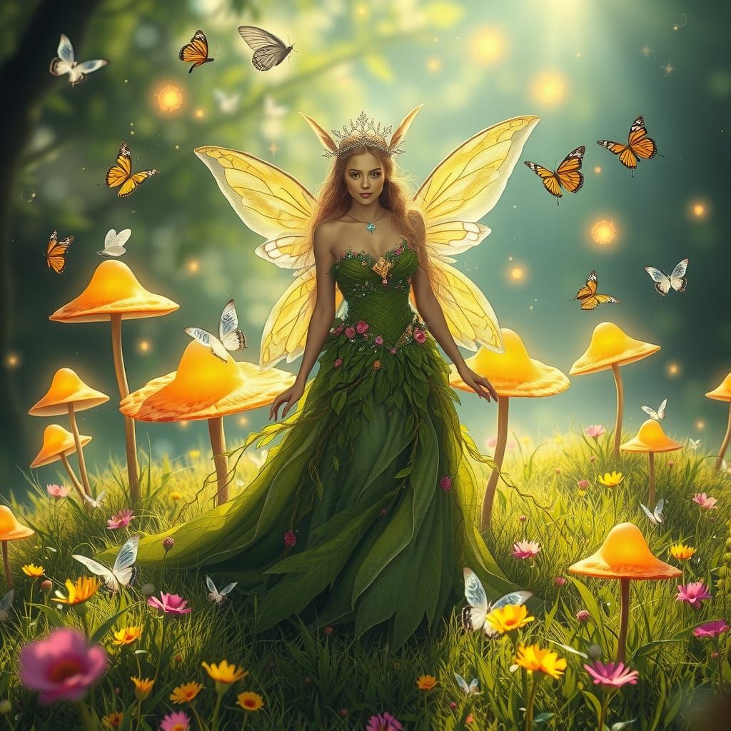 Ethereal Elven Fairy Queen in Vibrant Sunlit Meadow